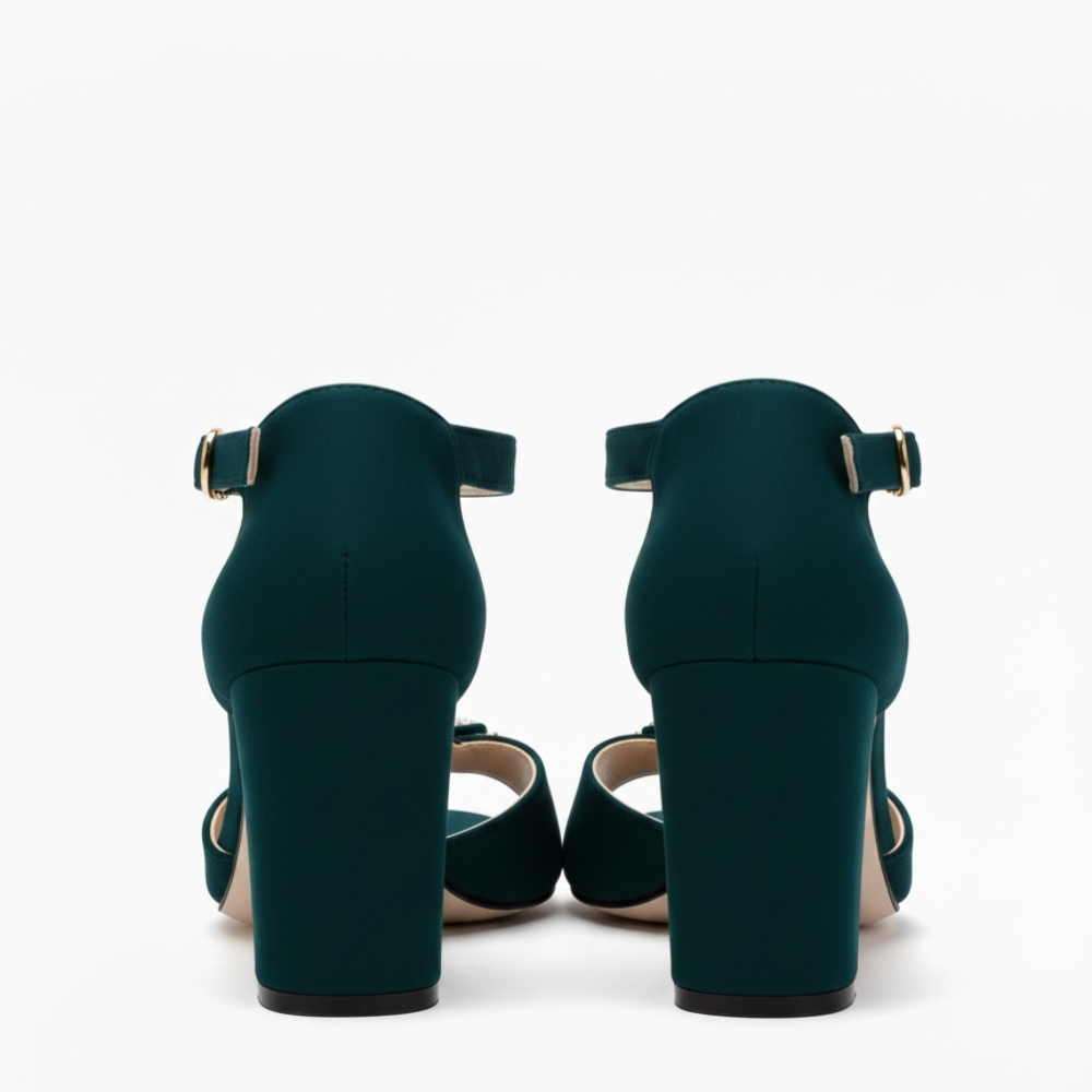 Green T Strap Block Heel Sandals with Decorative Buckle Detai